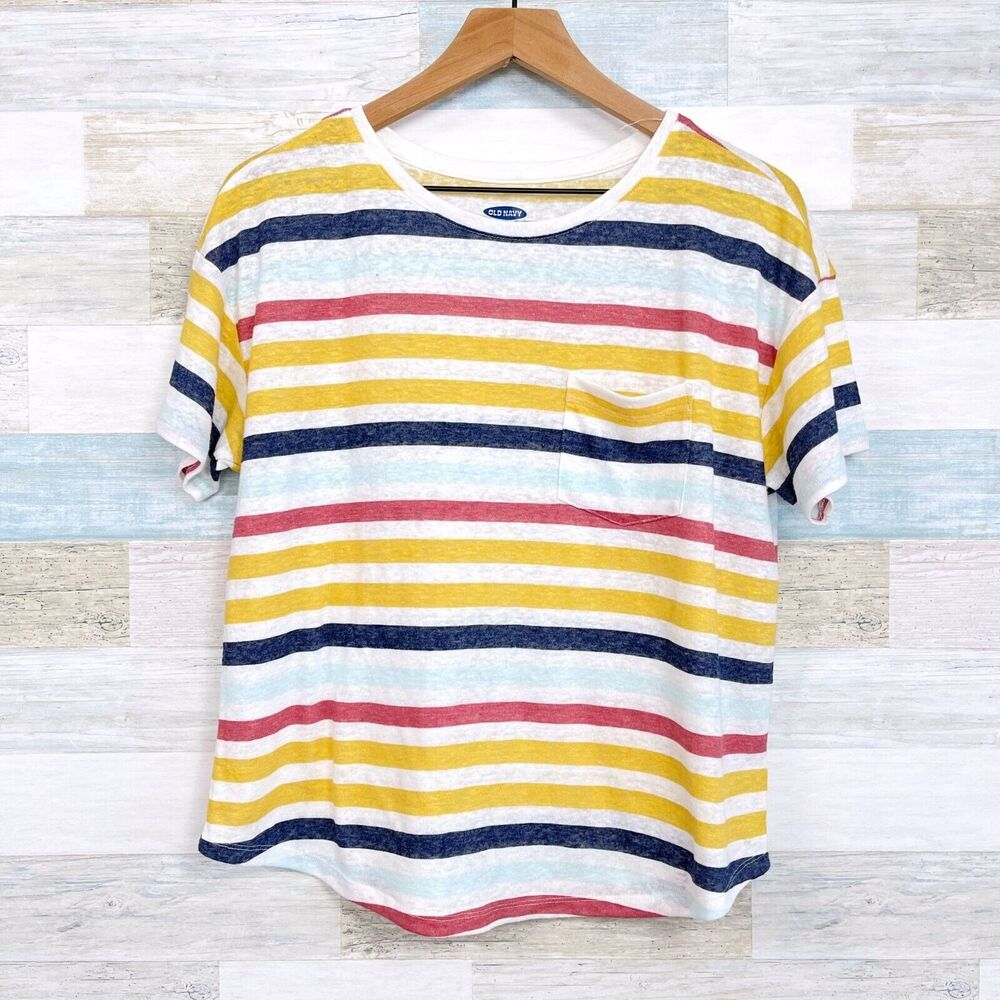 Old Navy Linen Blend Easy Crew Neck Tee White Yellow Striped Womens Medium